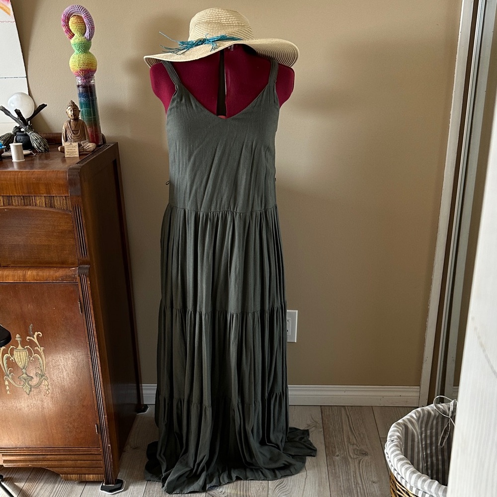 Women’s Olive Green Maxi Sundress - Sleeveless V-Neck